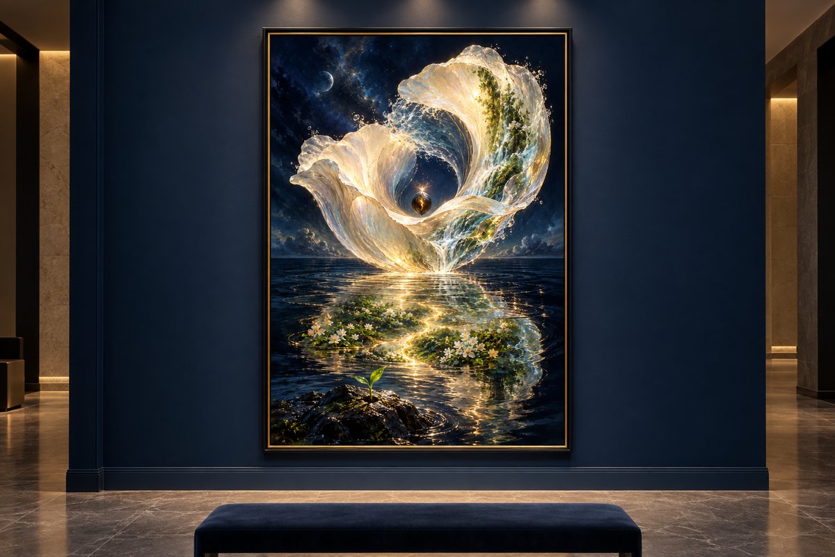 Simulación de la obra enmarcada en una galería azul profundo con iluminación cálida.